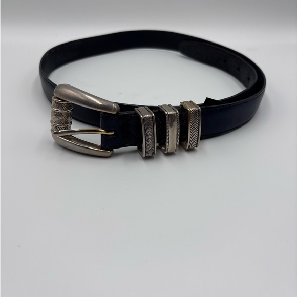 Brighton Accessories - Vtg 90s BRIGHTON Leather Belt Silver Buckle Size Large/38-40 40514 Navy Ornate